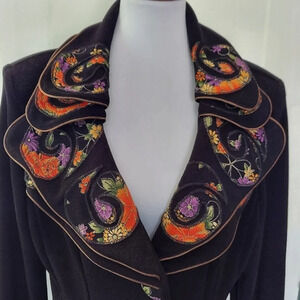 Vtg 80s Design Today's Black Purple Red Bronze Floral Trim‎ Button Down Jacket